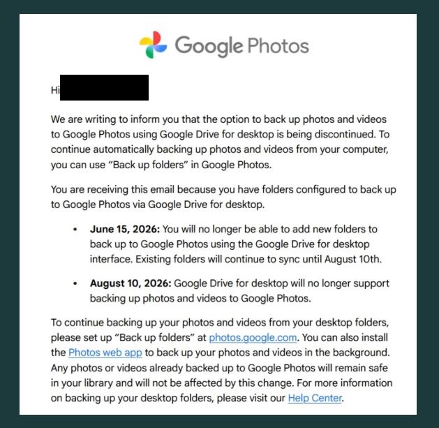 Google Photos Email Update on Discontinuing Google Drive Desktop Backups