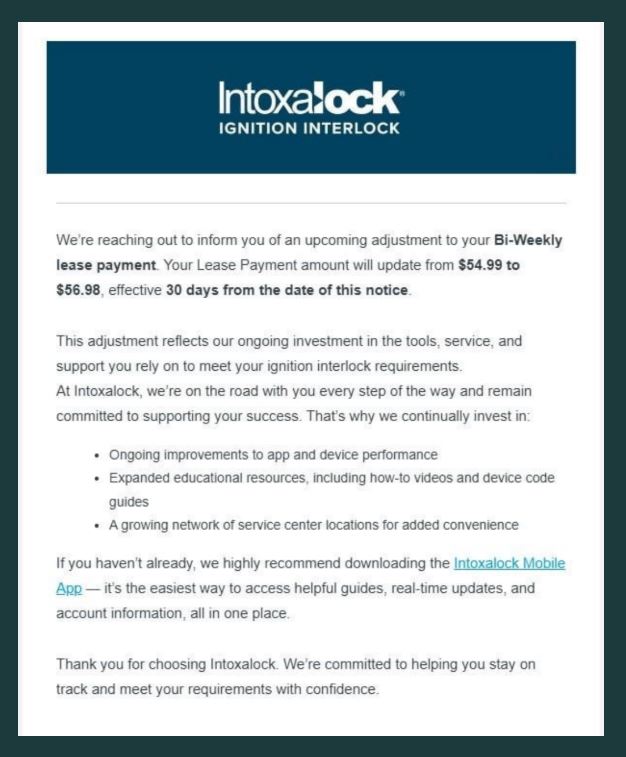 Intoxalock Update on Bi-Weekly Lease Payment Price Increase