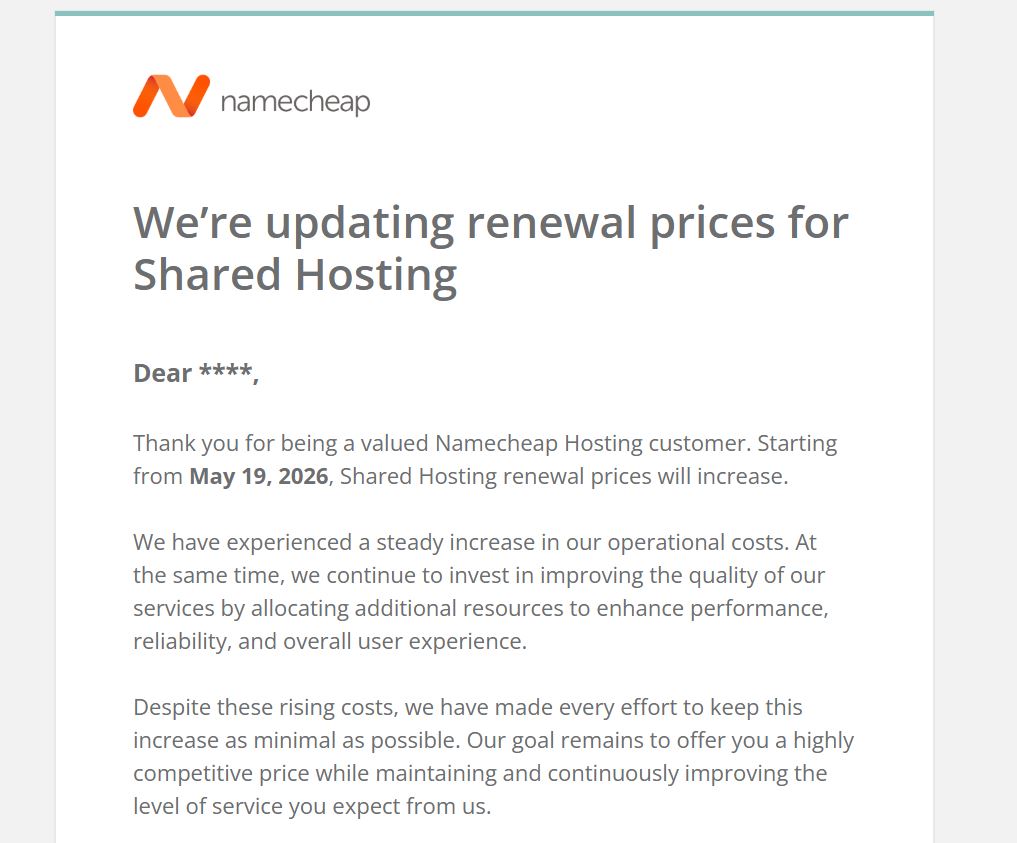 Namecheap Email Update on Shared Hosting Price Increase